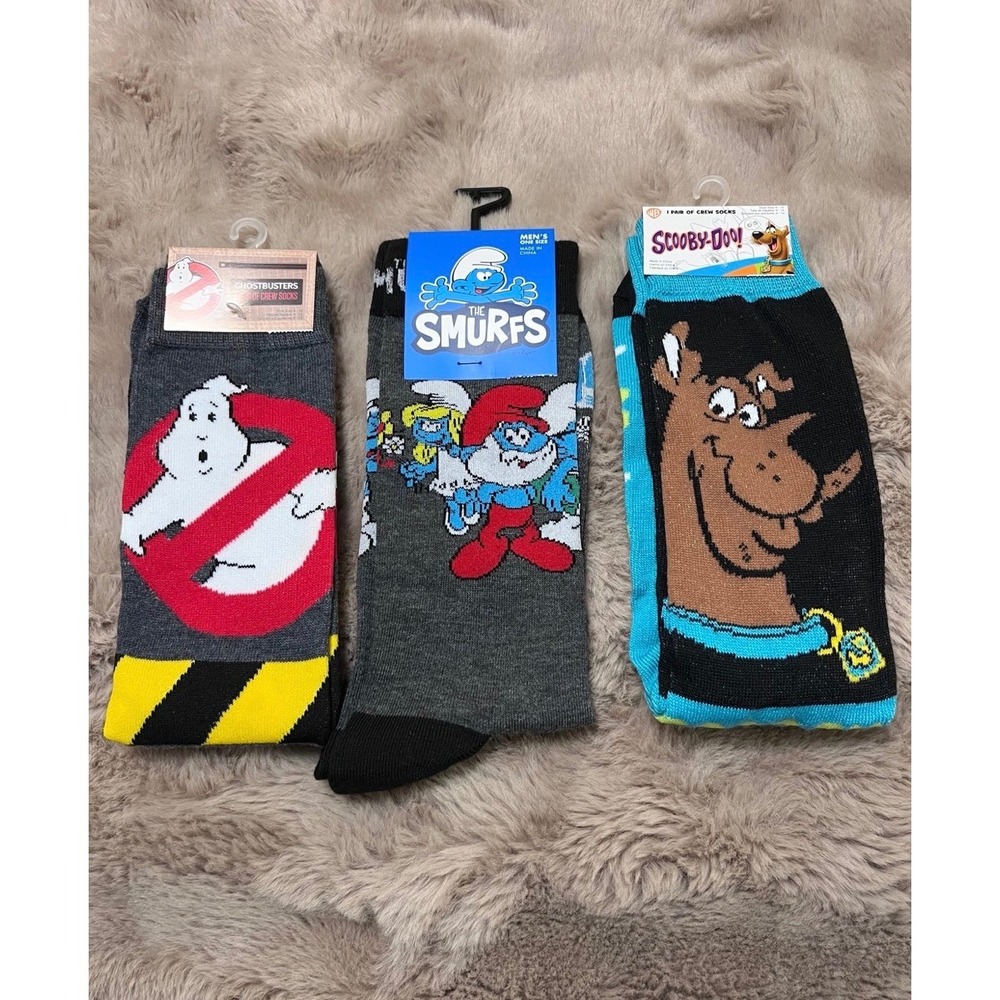 New 3-Pair Ghostbusters, The Smurfs & Scooby-Doo Crew Socks Size 6-12